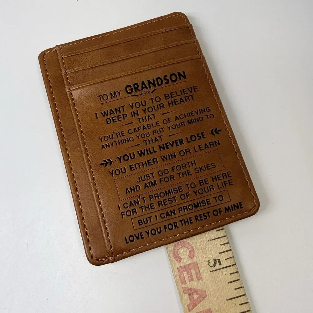 Engraved “To My Grandson” Brown Leather Slim Card Money ID Holder Wallet New